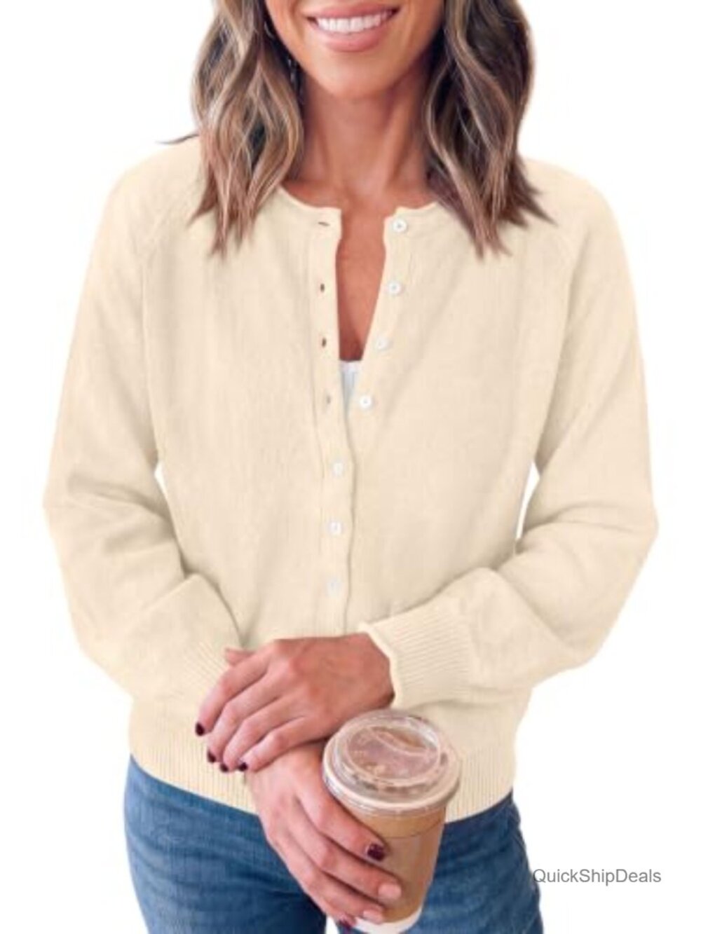 Womens Knit Button Up Cardigan Lightweight Puff Sleeve Sweater